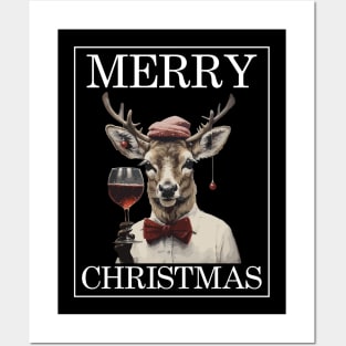 Christmas Deer with Wine Glass Funny Christmas Posters and Art